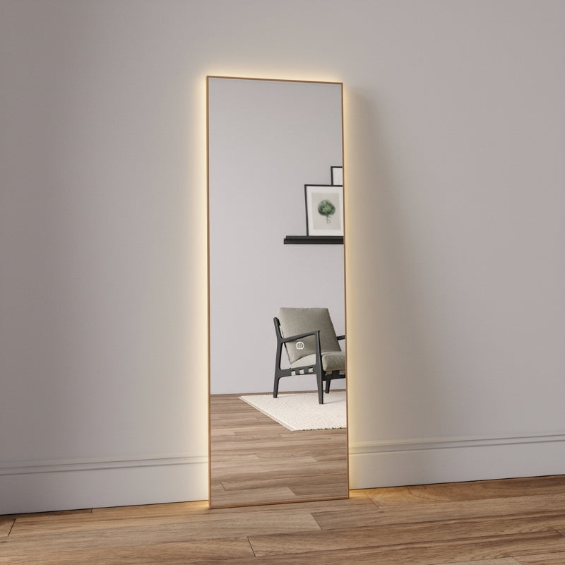 Aitta-peili LED-valoilla ja koivukehyksellä (50x150 cm)