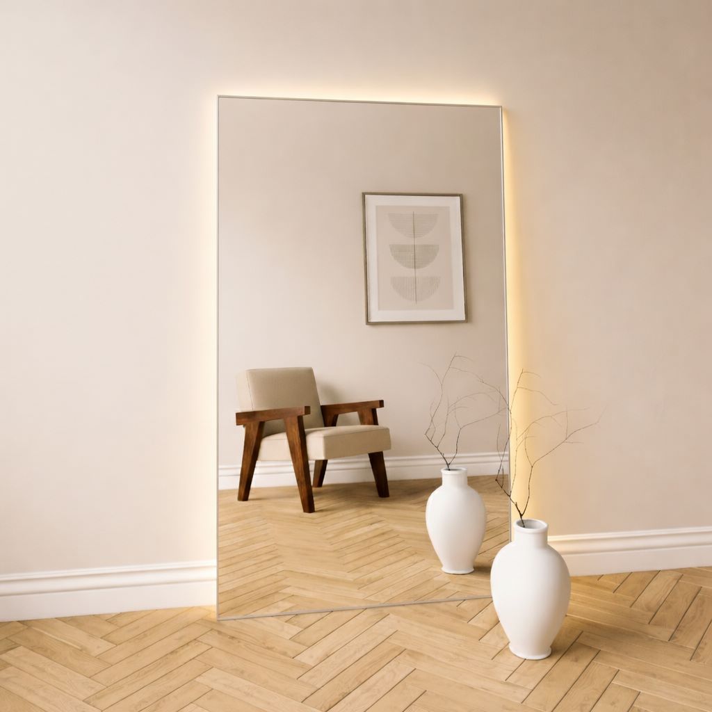 Aitta-peili LED-valoilla ja hopealla kehyksellä (100x170 cm)