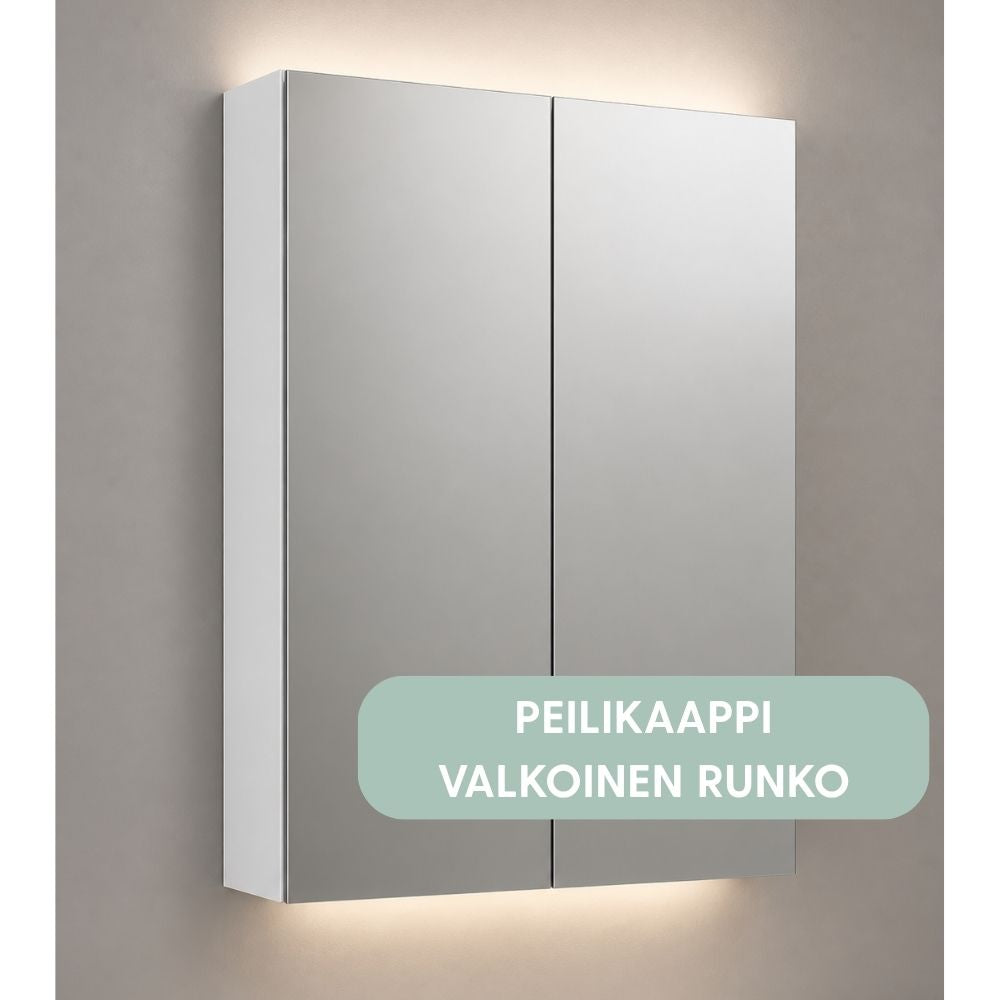 Moderni kaksiosainen seinään kiinnitettävä valkoinen peilikaappi, jossa on peiliovet ja integroidut LED-valot.