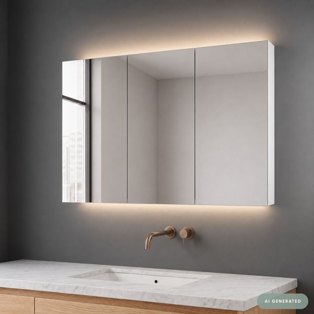 A modern wall-mounted three-panel bathroom mirror with integrated LED lighting, made to measure