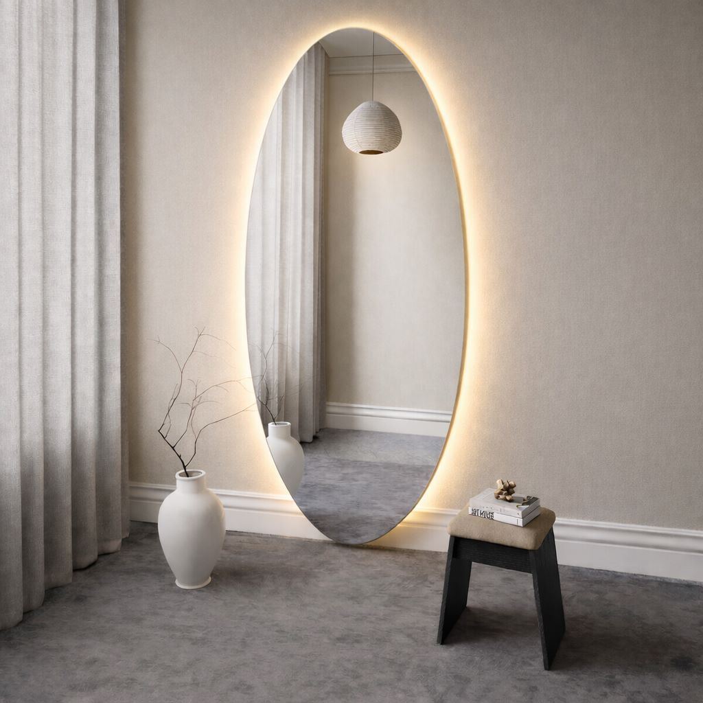 Soikea lattiapeili LED-valoilla (90x190 cm)