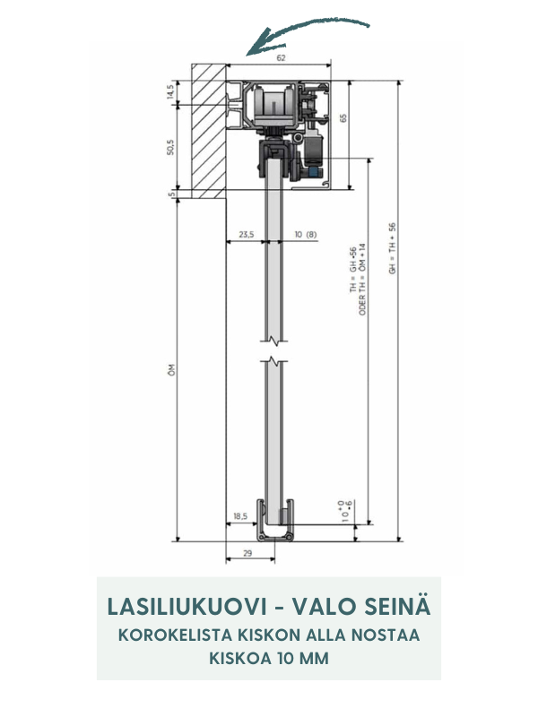 Valo Seinä – kehyksetön lasiliukuovi seinäkiinnityksellä