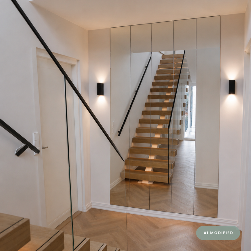 A modern interior view showing a wooden staircase with a glass railing and black handrail, reflected in a large mirror wall. The room has light beige walls, black wall sconces, and light herringbone wood flooring.