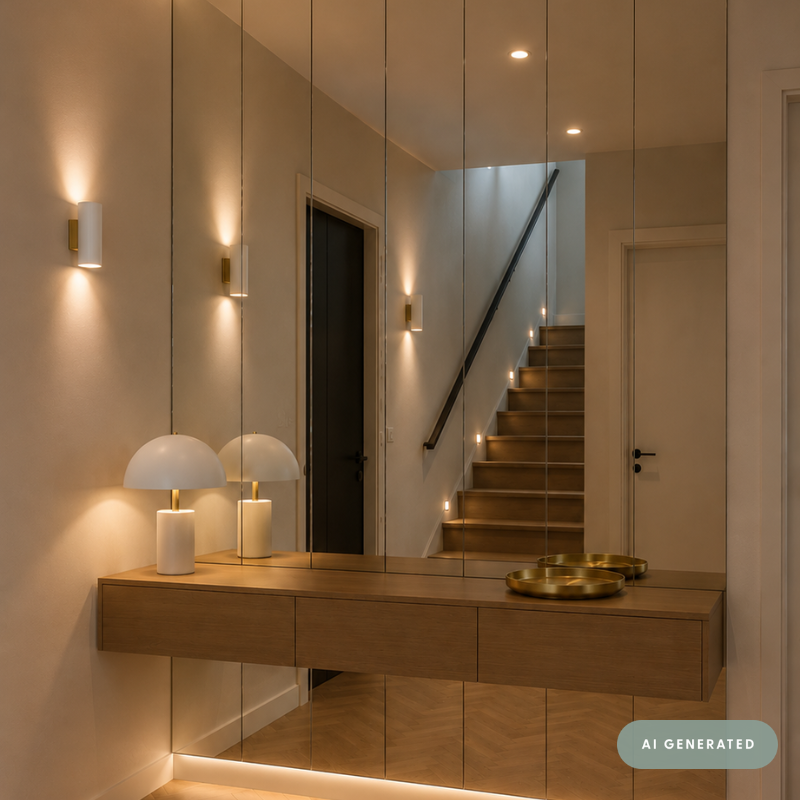 A modern interior hallway with tall floor-to-ceiling mirrors, warm wall sconces, a floating wooden console table, two white dome table lamps, and a staircase in the background. The image has a visible 'AI GENERATED' badge in the bottom right corner.
